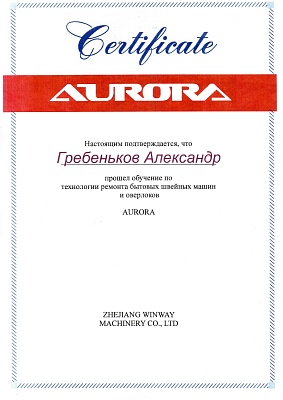Сертификат Aurora на Гребенькова Алксандра